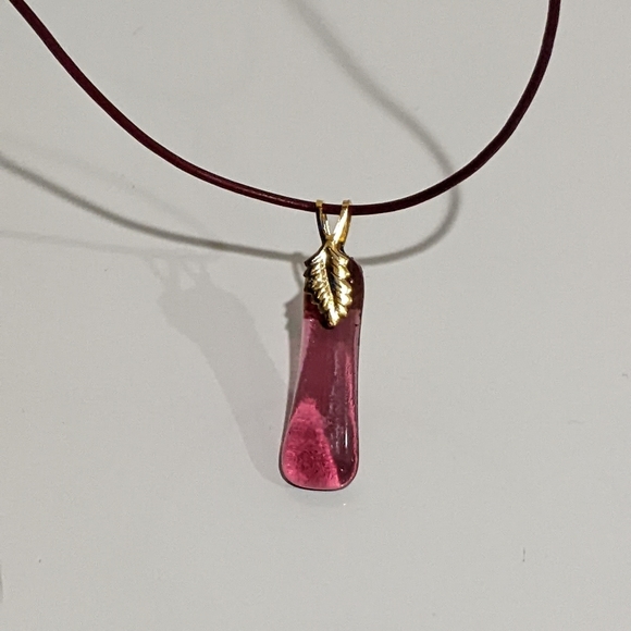 Artisan Handmade Fused glass pink drop pendant necklace on rose leather chain. - Picture 2 of 2